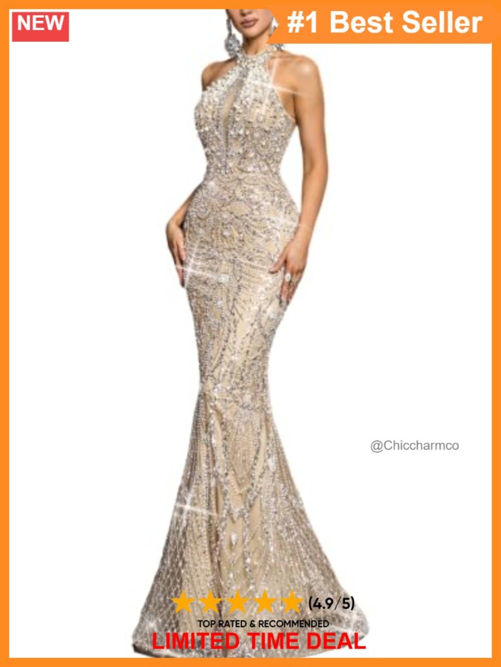 Mermaid Sequin Beaded Formal Prom Evening Gown V-Neck Halter Dress